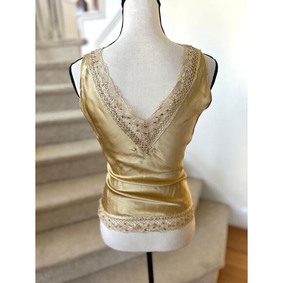 Vintage Y2K Cache Gold Silk Satin Lace Sequin Trim V-Neck Tank Top - Picture 3 of 8